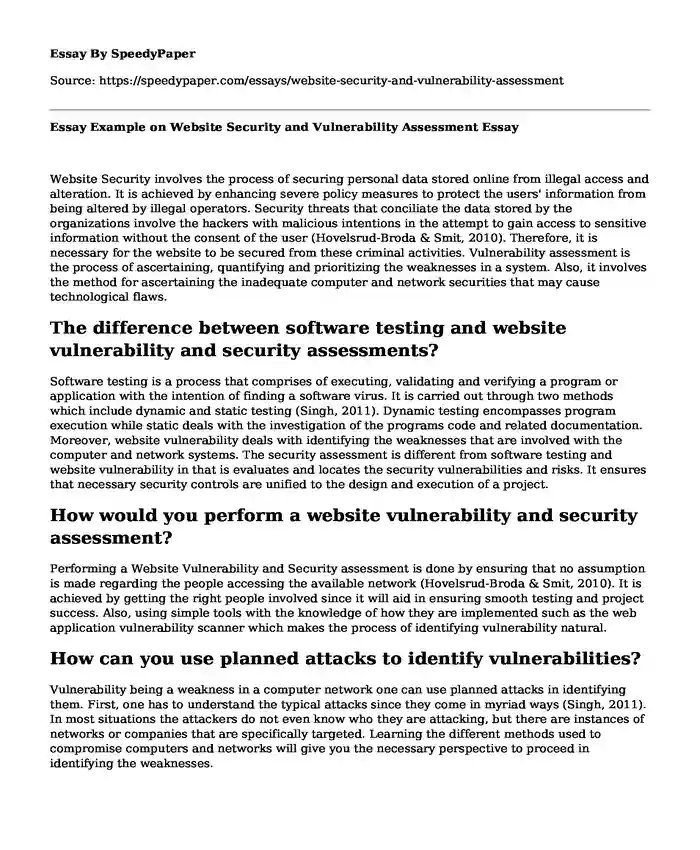 Essay Example on Website Security and Vulnerability Assessment