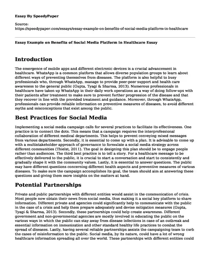 Essay Example on Benefits of Social Media Platform in Healthcare