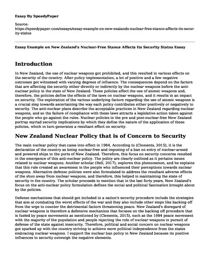 Essay Example on New Zealand's Nuclear-Free Stance Affects Its Security Status