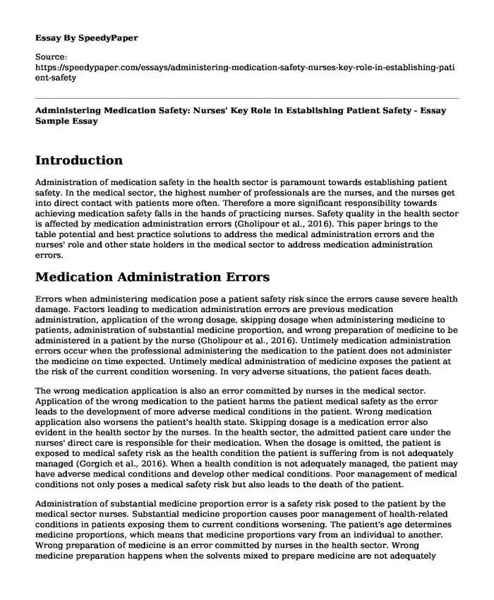 Administering Medication Safety: Nurses' Key Role in Establishing Patient Safety - Essay Sample