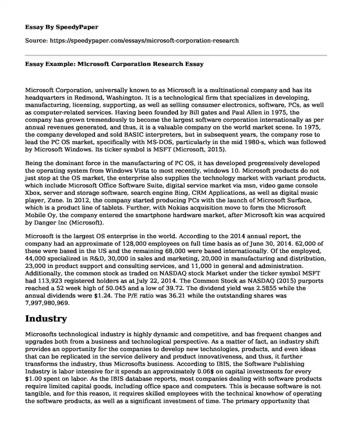 Essay Example: Microsoft Corporation Research