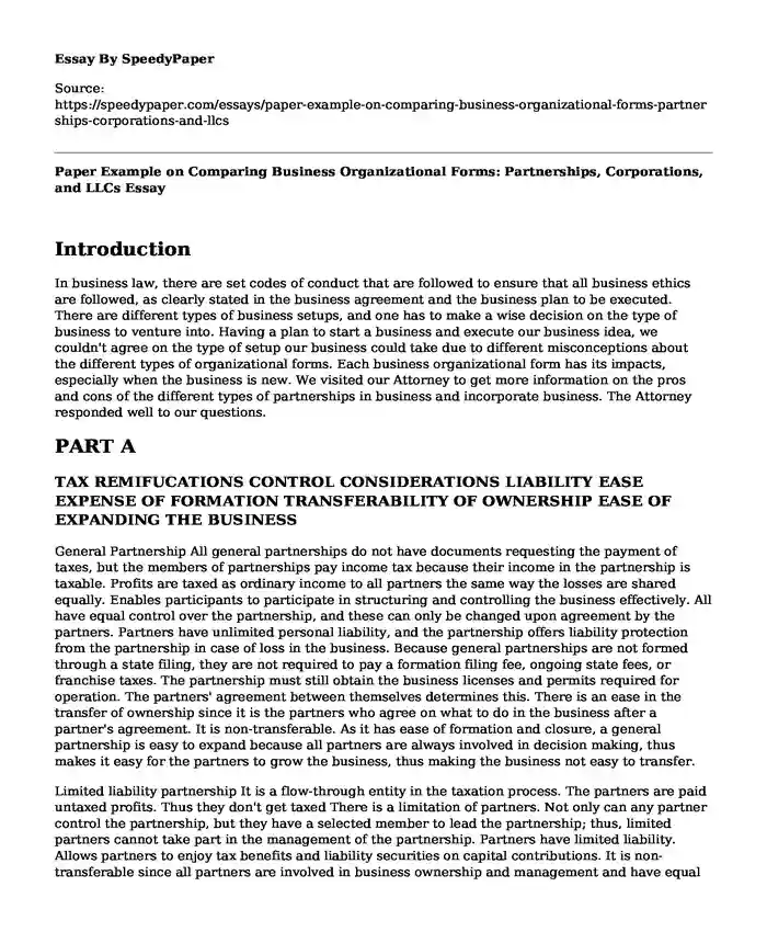 Paper Example on Comparing Business Organizational Forms: Partnerships, Corporations, and LLCs