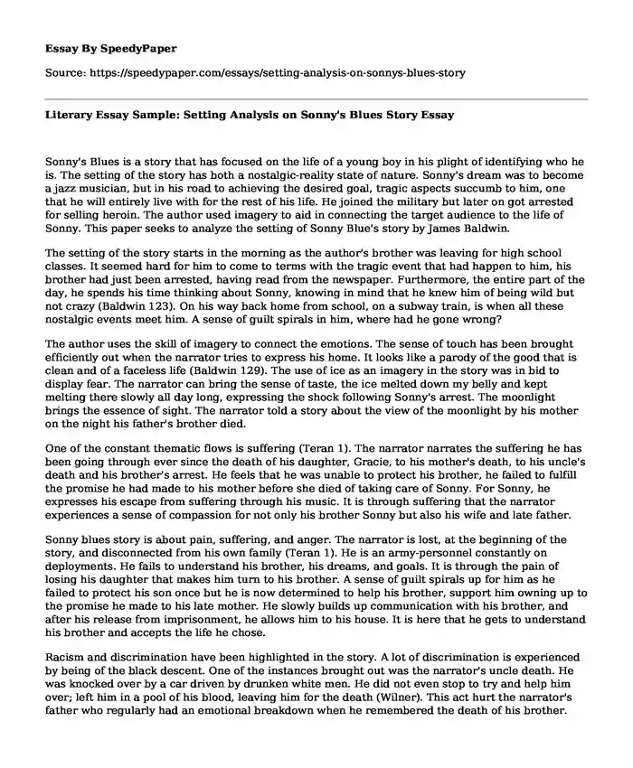 Literary Essay Sample: Setting Analysis on Sonny's Blues Story