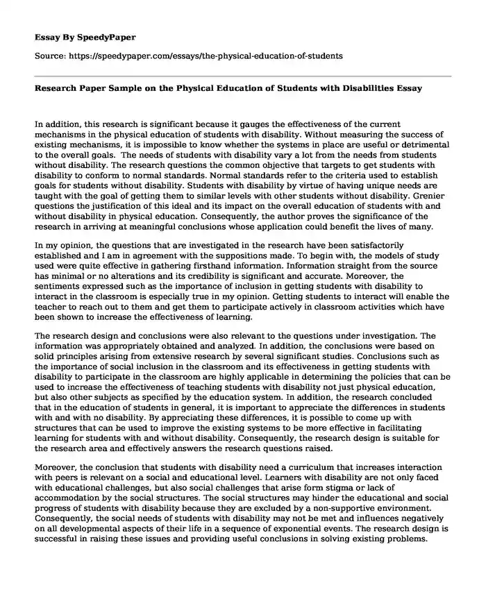 Research Paper Sample on the Physical Education of Students with Disabilities