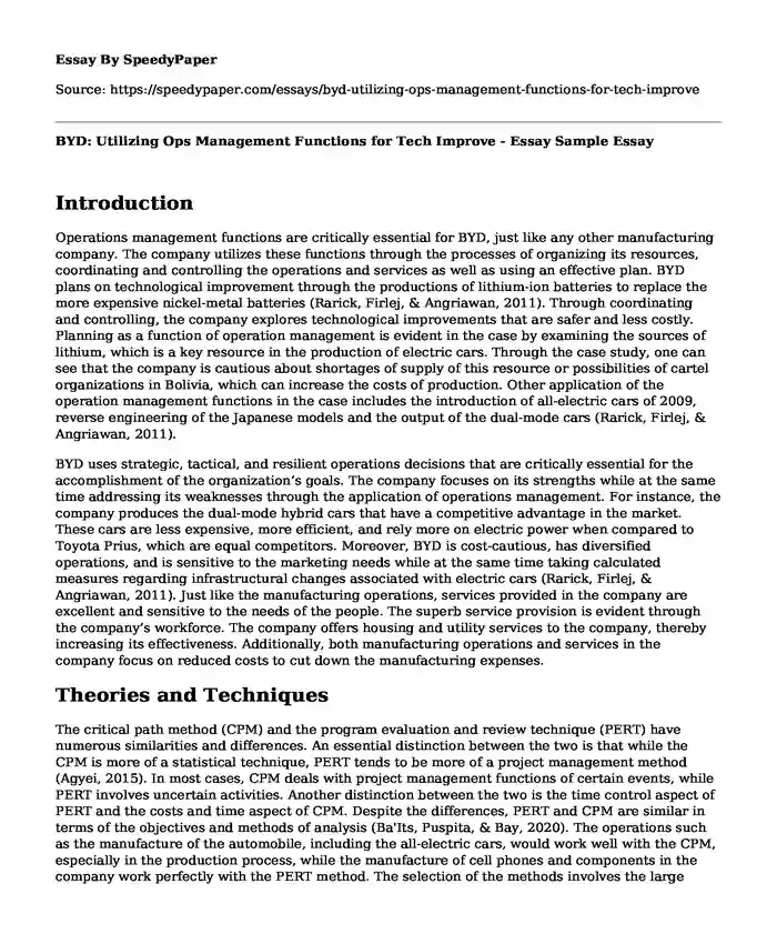 BYD: Utilizing Ops Management Functions for Tech Improve - Essay Sample