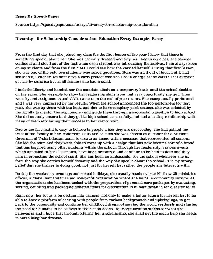 Diversity - for Scholarship Consideration. Education Essay Example.
