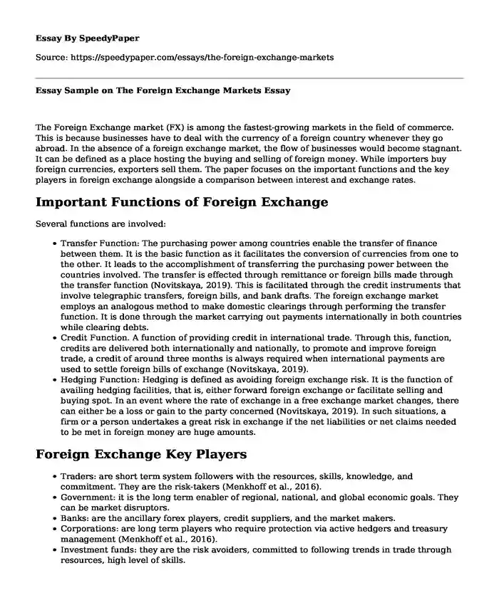 Essay Sample on The Foreign Exchange Markets