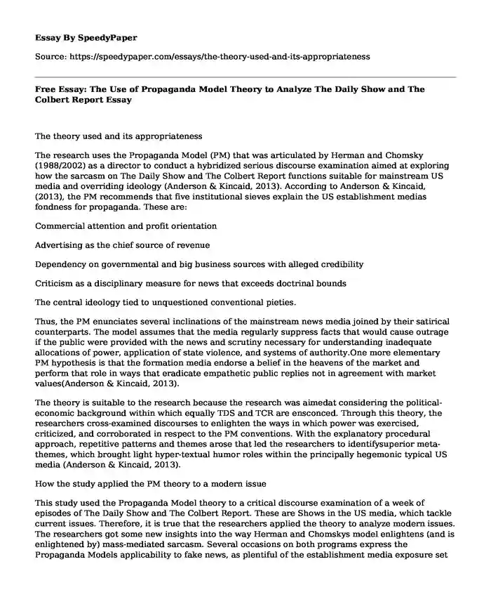 Free Essay: The Use of Propaganda Model Theory to Analyze The Daily Show and The Colbert Report
