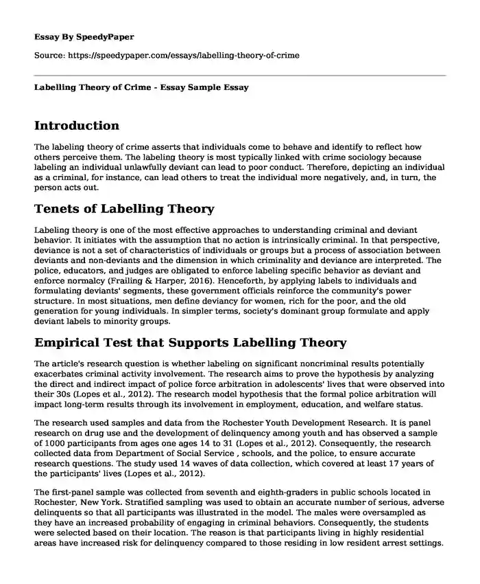 Labelling Theory of Crime - Essay Sample