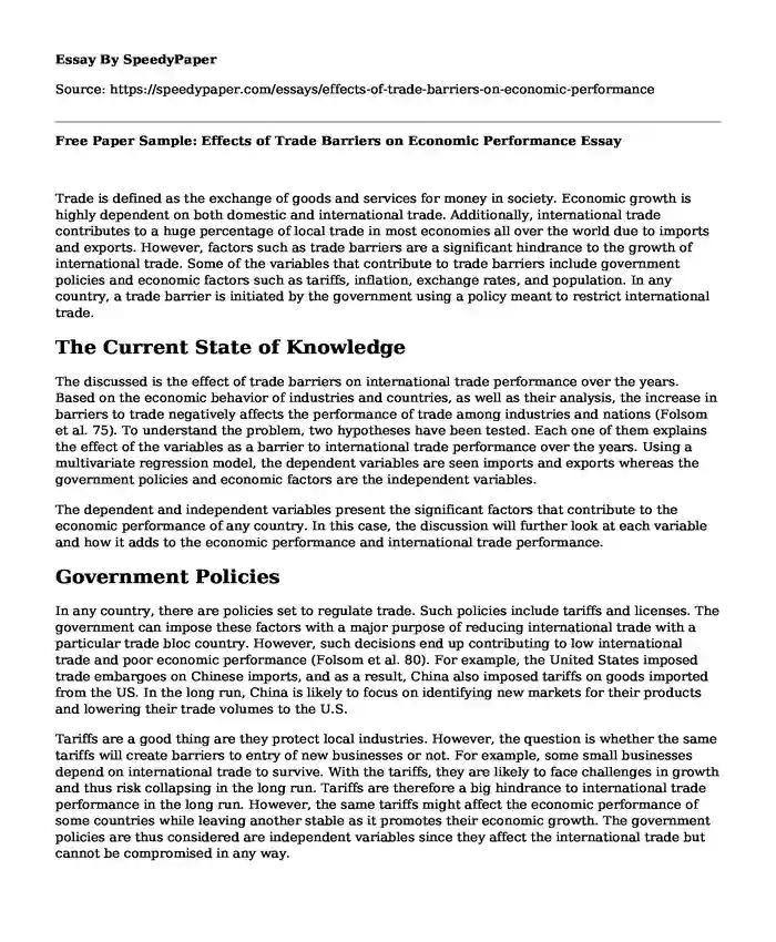 Free Paper Sample: Effects of Trade Barriers on Economic Performance