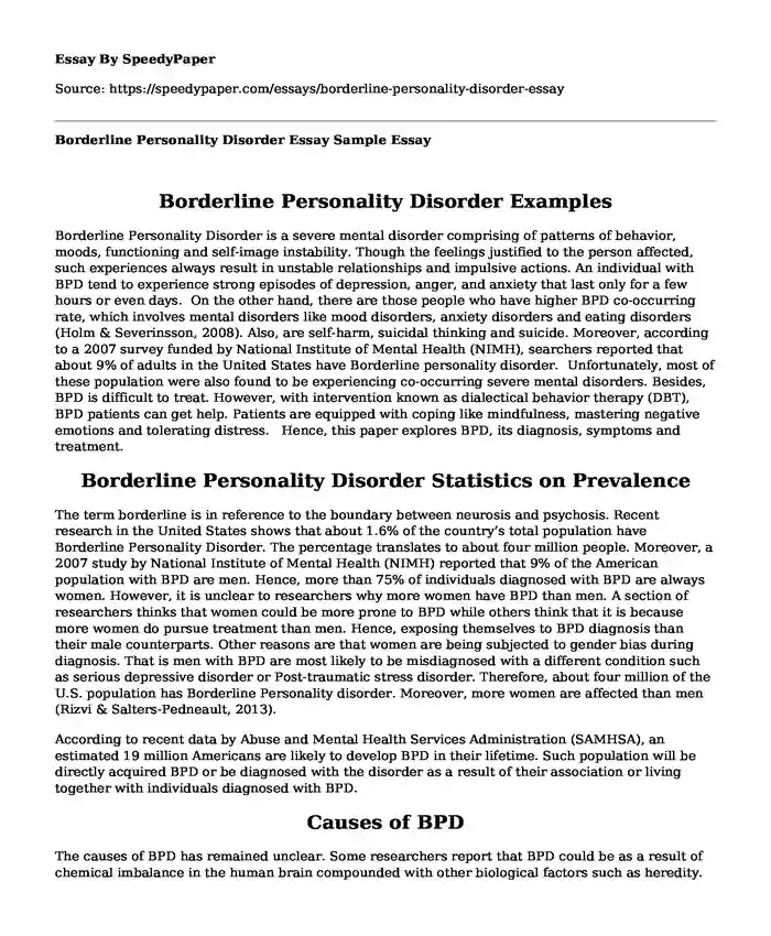 Borderline Personality Disorder Essay Sample