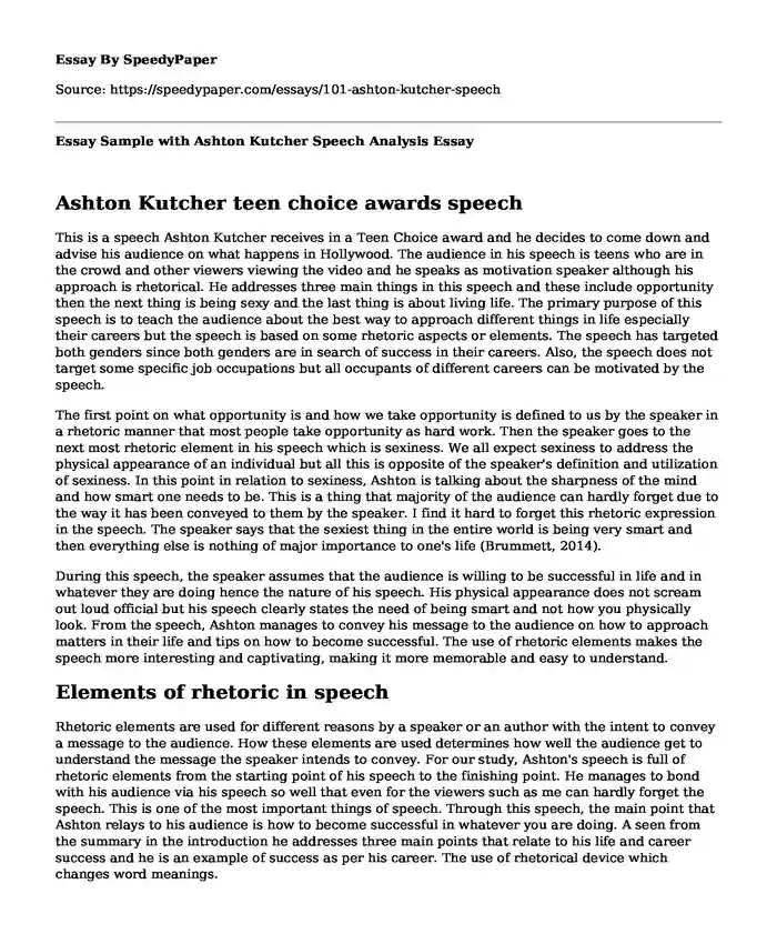 Essay Sample with Ashton Kutcher Speech Analysis