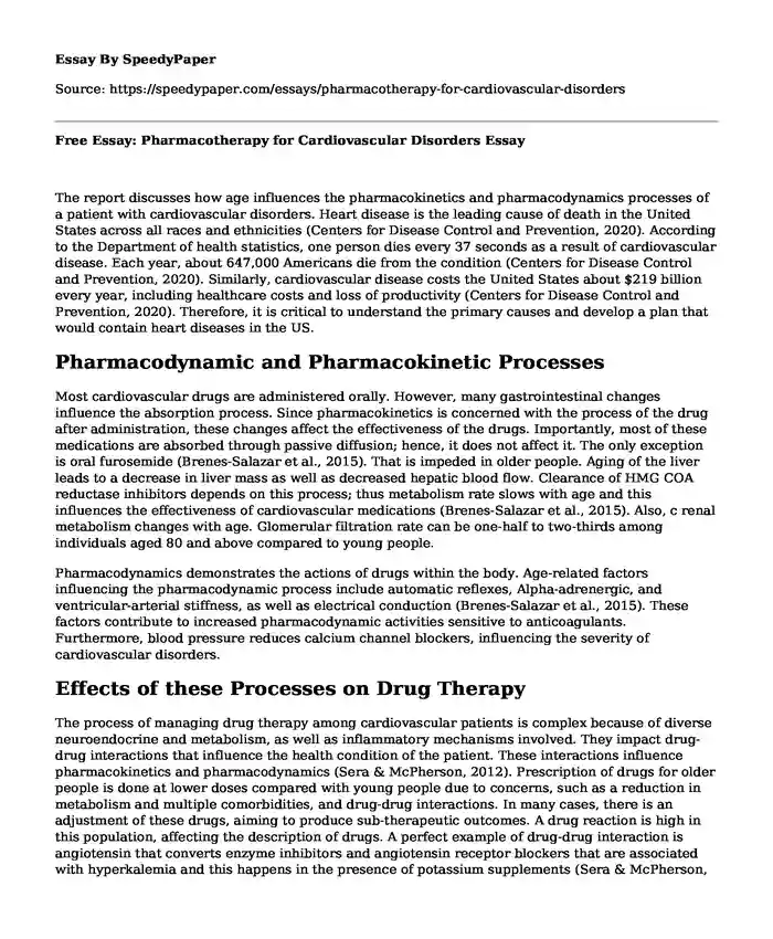 Free Essay: Pharmacotherapy for Cardiovascular Disorders