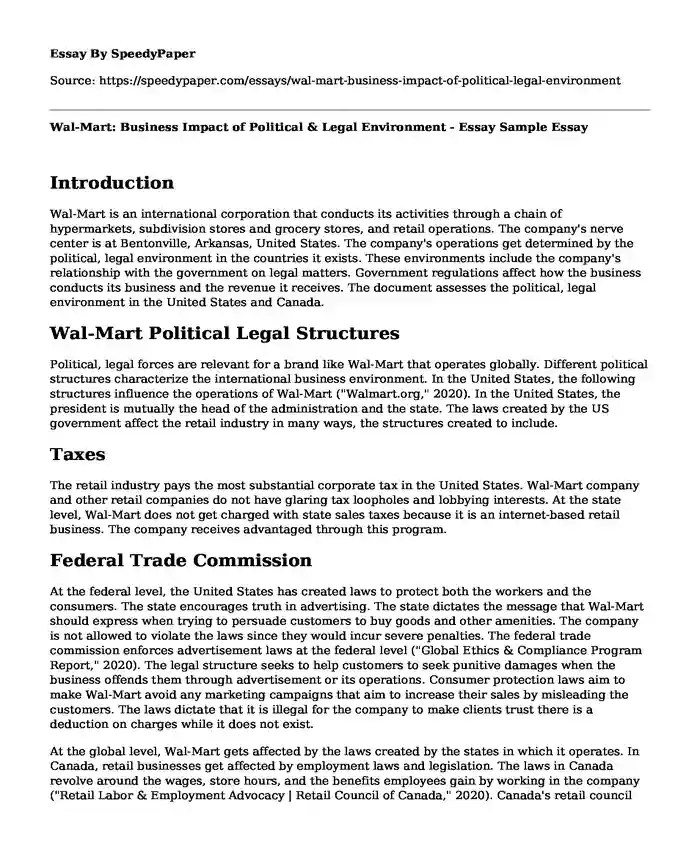 Wal-Mart: Business Impact of Political & Legal Environment - Essay Sample