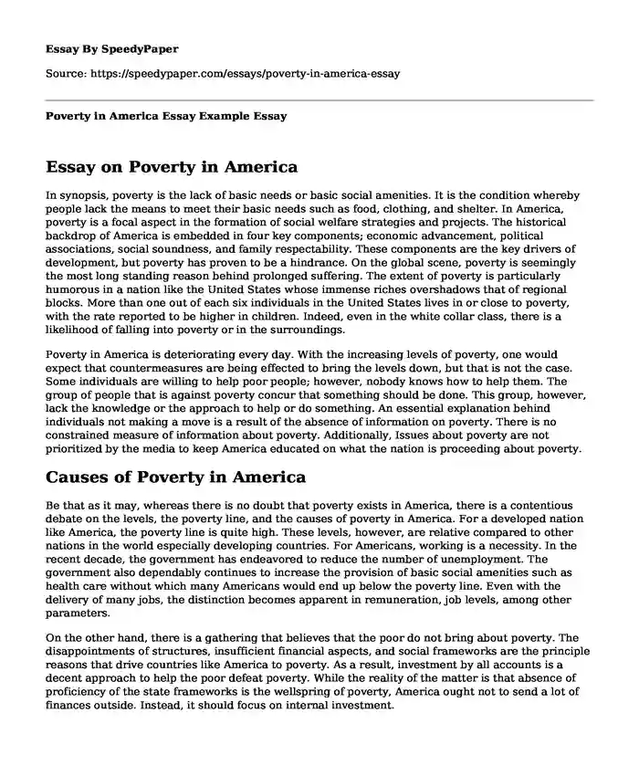 Poverty in America Essay Example
