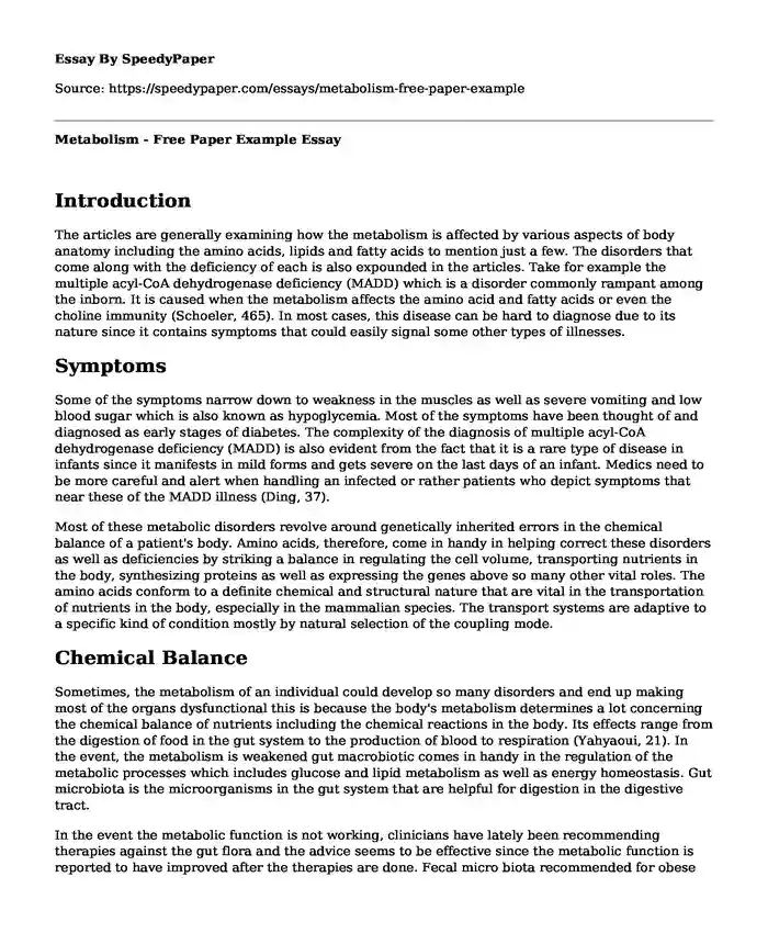 Metabolism - Free Paper Example
