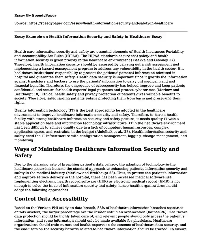 Essay Example on Health Information Security and Safety in Healthcare