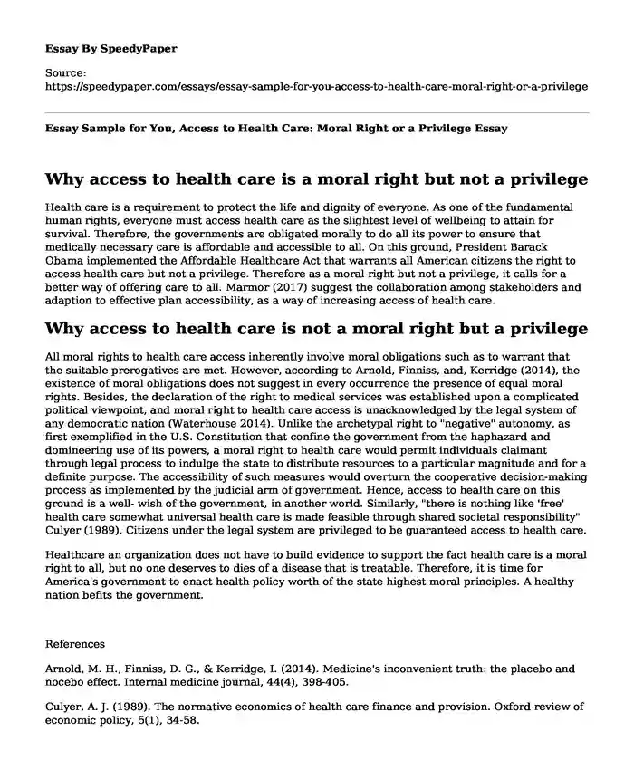 Essay Sample for You, Access to Health Care: Moral Right or a Privilege