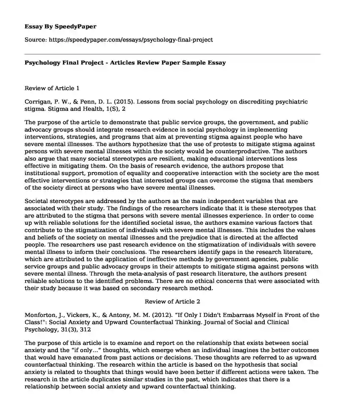 Psychology Final Project - Articles Review Paper Sample