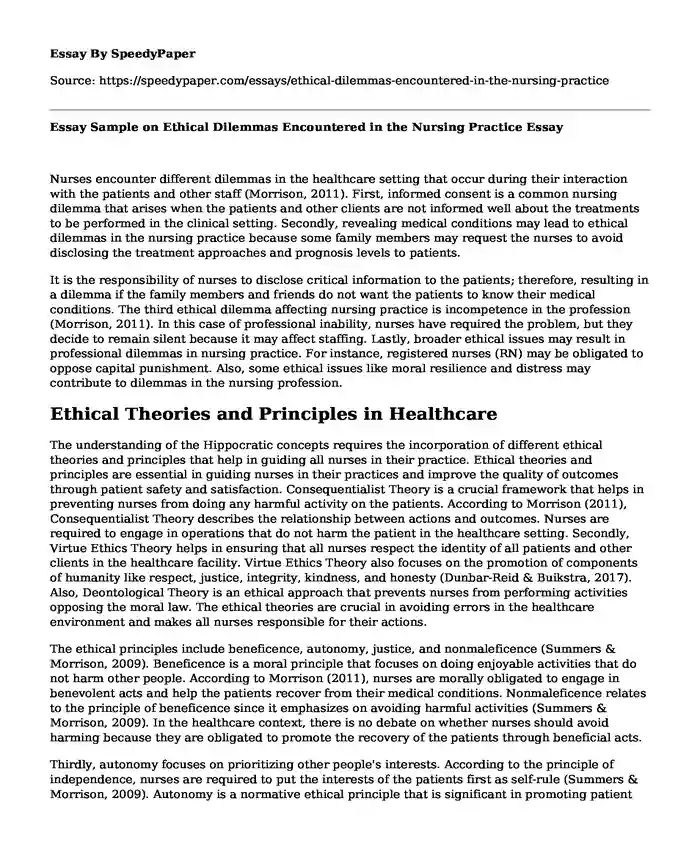 Essay Sample on Ethical Dilemmas Encountered in the Nursing Practice
