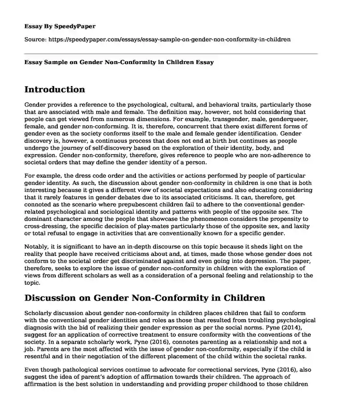 Essay Sample on Gender Non-Conformity in Children