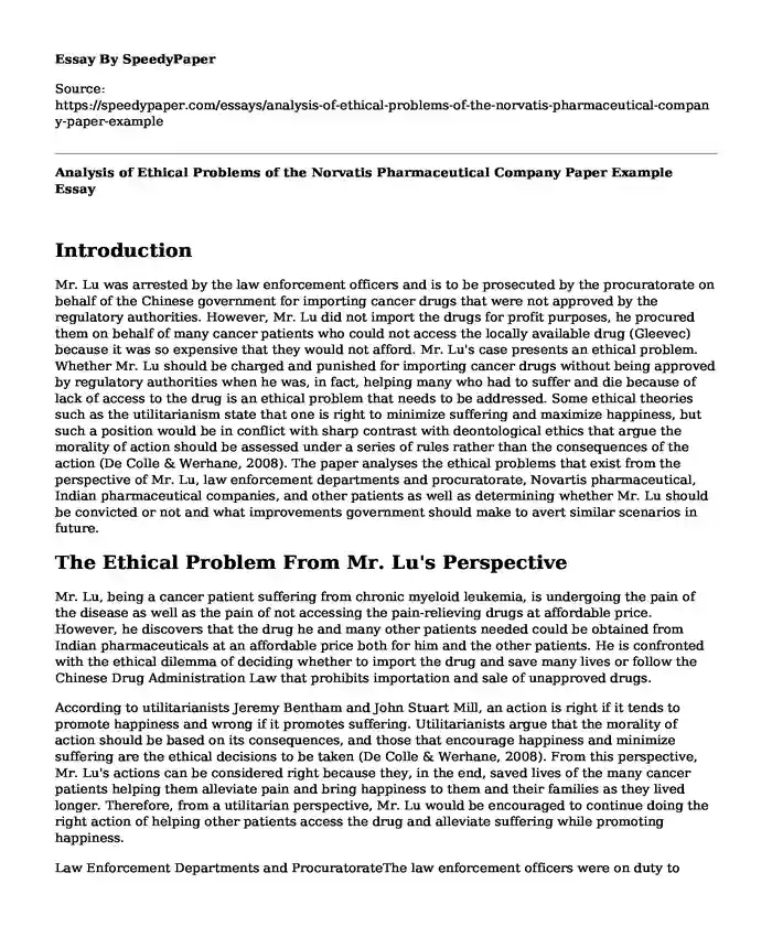 Analysis of Ethical Problems of the Norvatis Pharmaceutical Company Paper Example