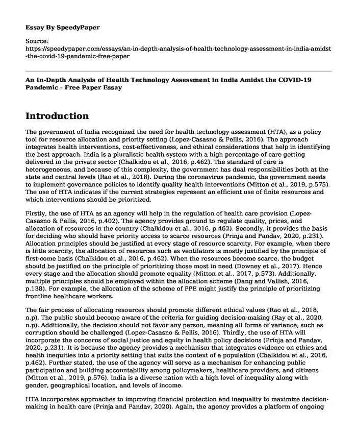 An In-Depth Analysis of Health Technology Assessment in India Amidst the COVID-19 Pandemic - Free Paper