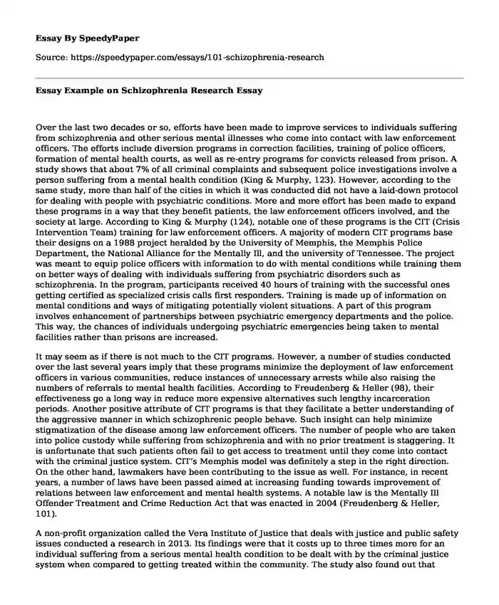 Essay Example on Schizophrenia Research