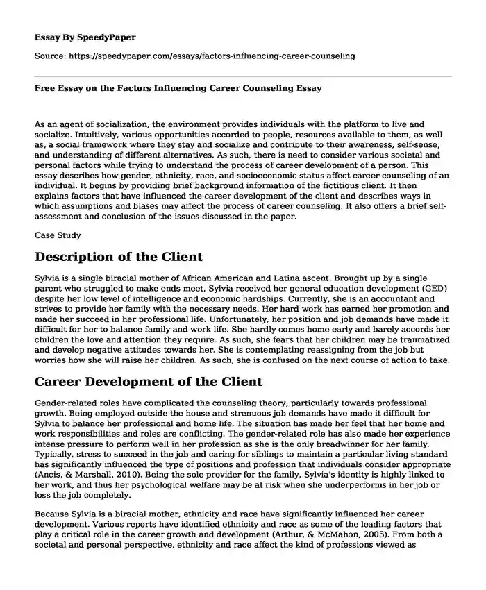 Free Essay on the Factors Influencing Career Counseling
