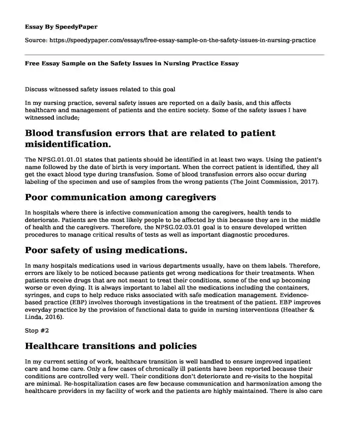 Free Essay Sample on the Safety Issues in Nursing Practice