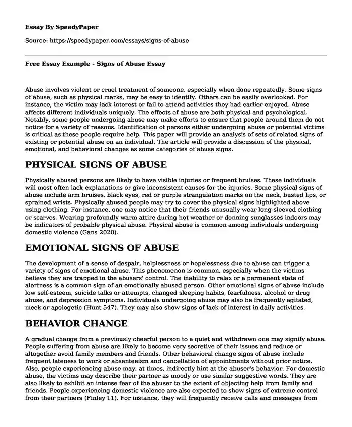  Free Essay Example - Signs of Abuse