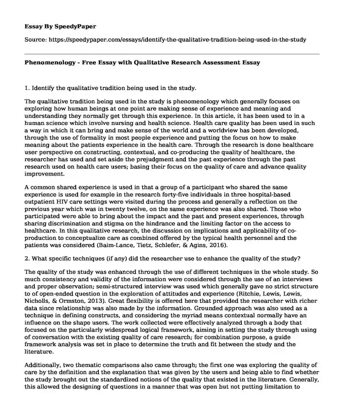 Phenomenology - Free Essay with Qualitative Research Assessment