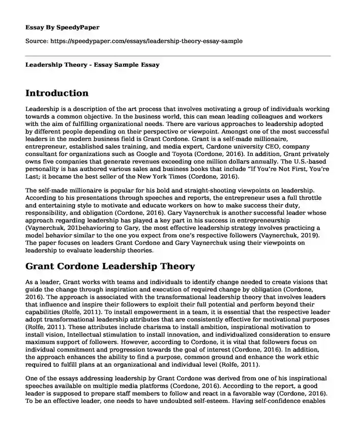 Leadership Theory - Essay Sample