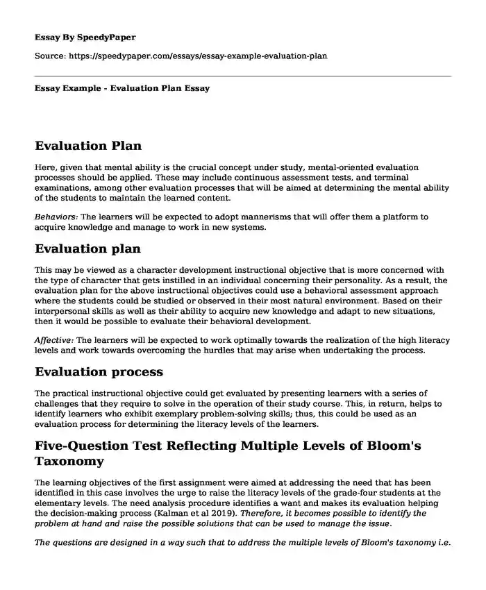Essay Example - Evaluation Plan