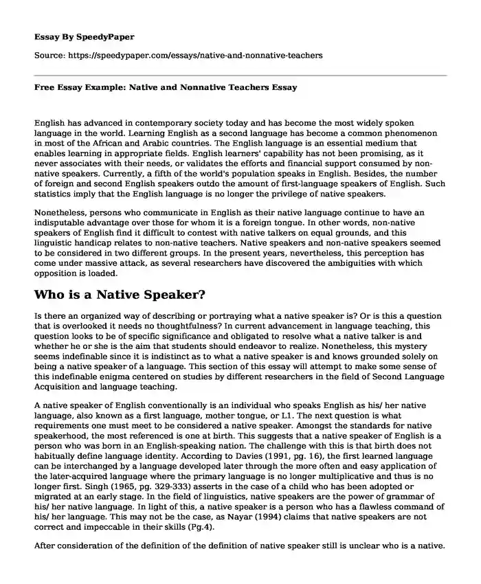 Free Essay Example: Native and Nonnative Teachers