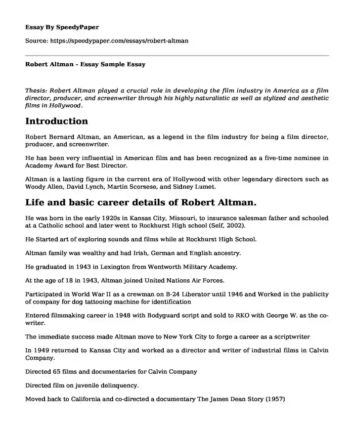 Robert Altman - Essay Sample
