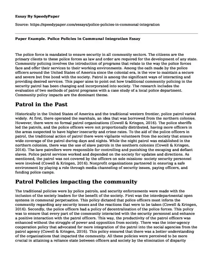Paper Example. Police Policies in Communal Integration