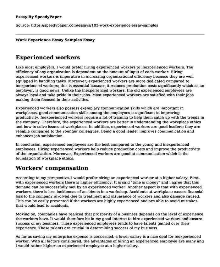 Work Experience Essay Samples