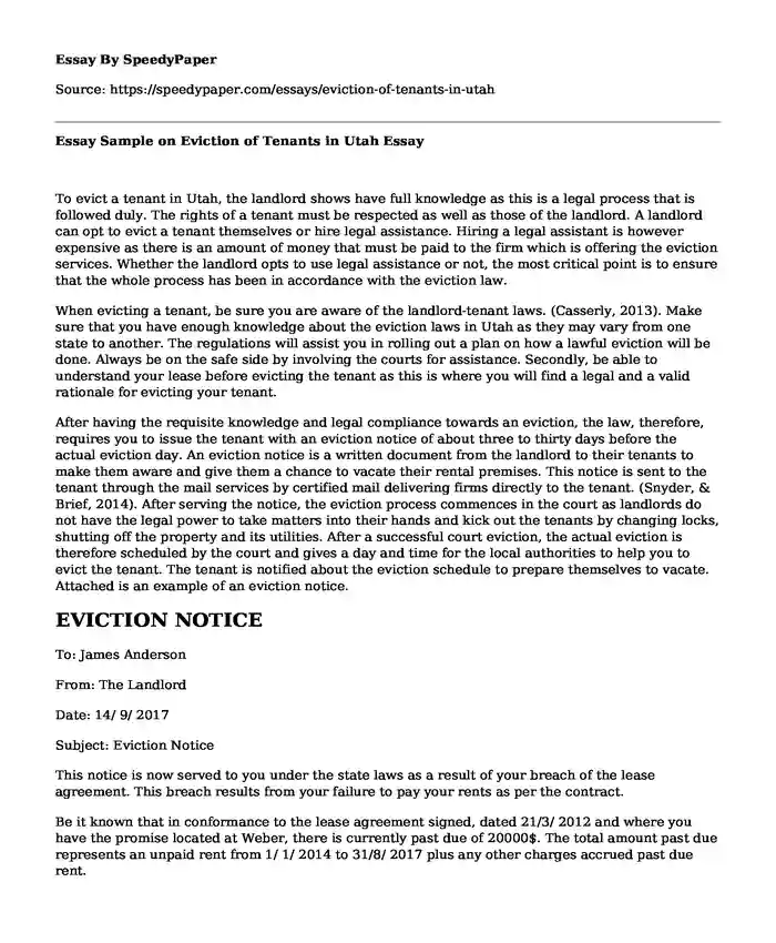 Essay Sample on Eviction of Tenants in Utah