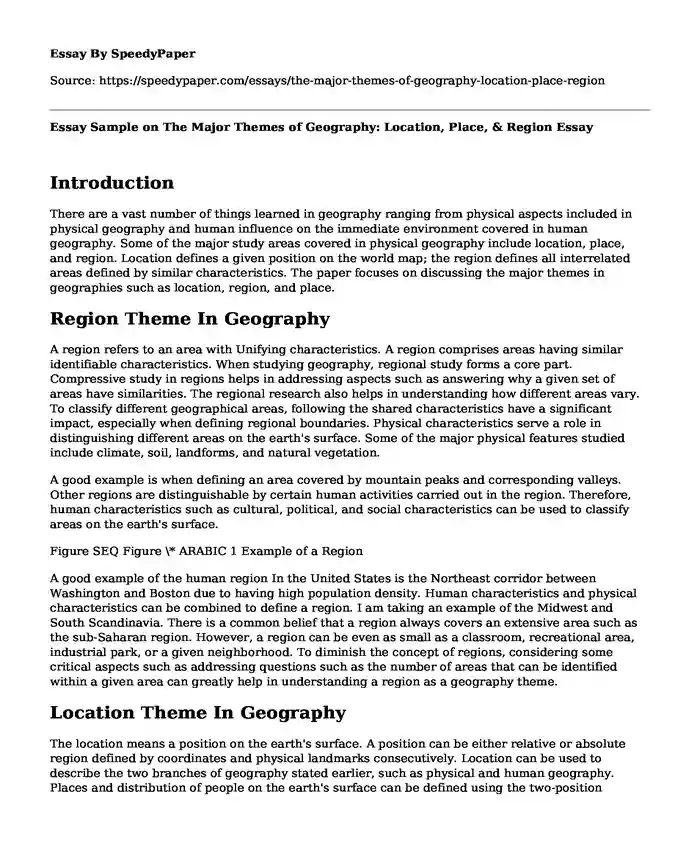Essay Sample on The Major Themes of Geography: Location, Place, & Region