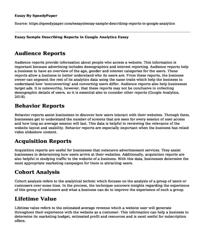 Essay Sample Describing Reports in Google Analytics
