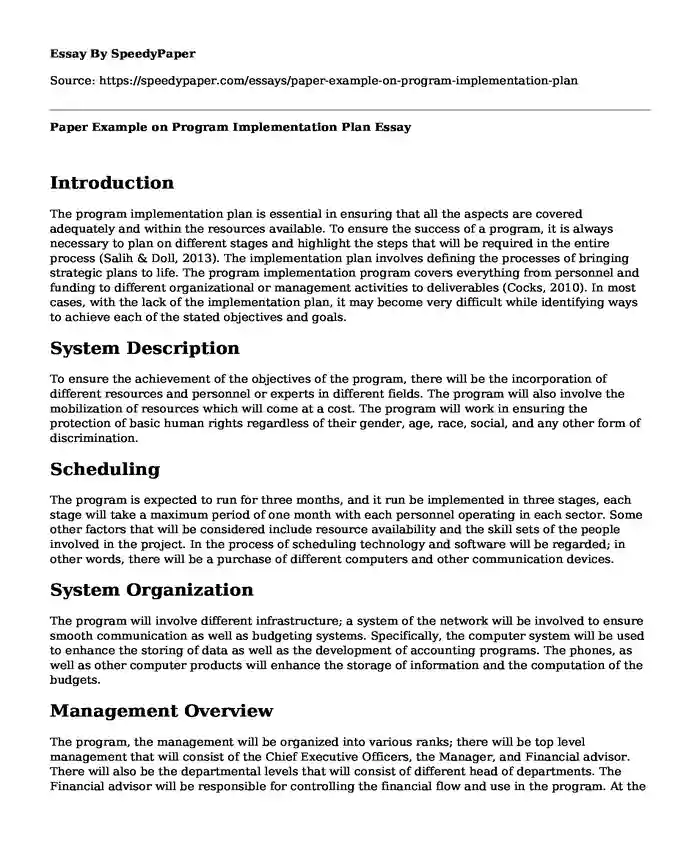 Paper Example on Program Implementation Plan