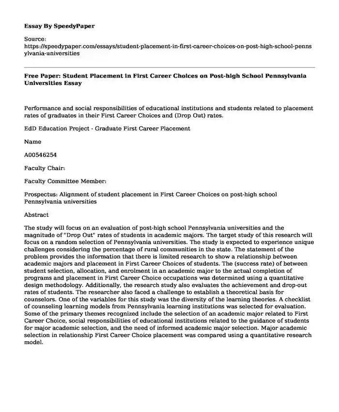 Free Paper: Student Placement in First Career Choices on Post-high School Pennsylvania Universities