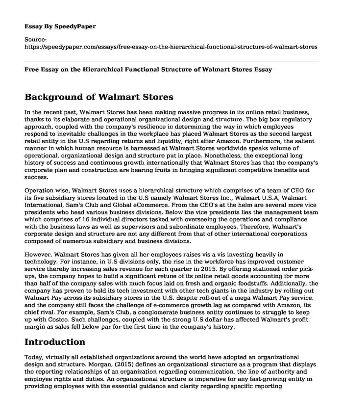 Free Essay on the Hierarchical Functional Structure of Walmart Stores