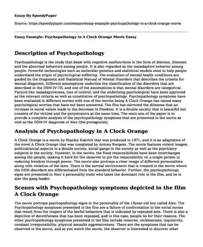 Essay Example: Psychopathology in A Clock Orange Movie
