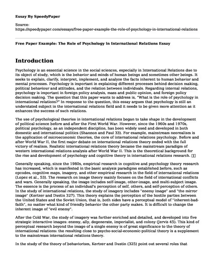 Free Paper Example: The Role of Psychology in International Relations