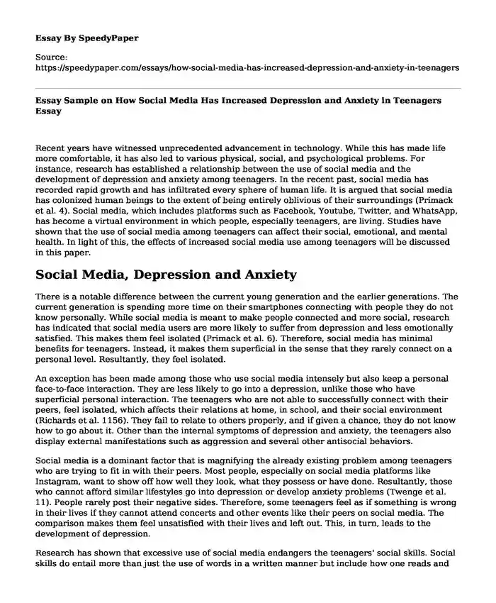 Essay Sample on How Social Media Has Increased Depression and Anxiety in Teenagers