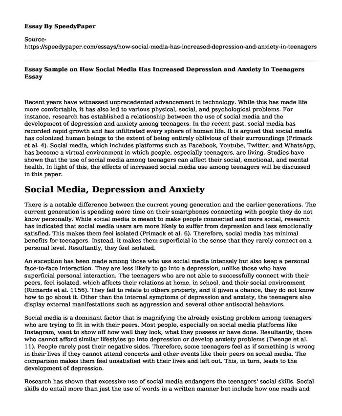 📗 Essay Sample on How Social Media Has Increased Depression and Anxiety ...