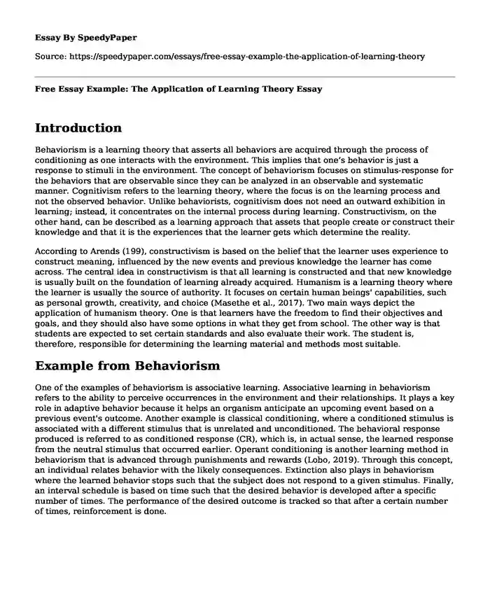 Free Essay Example: The Application of Learning Theory