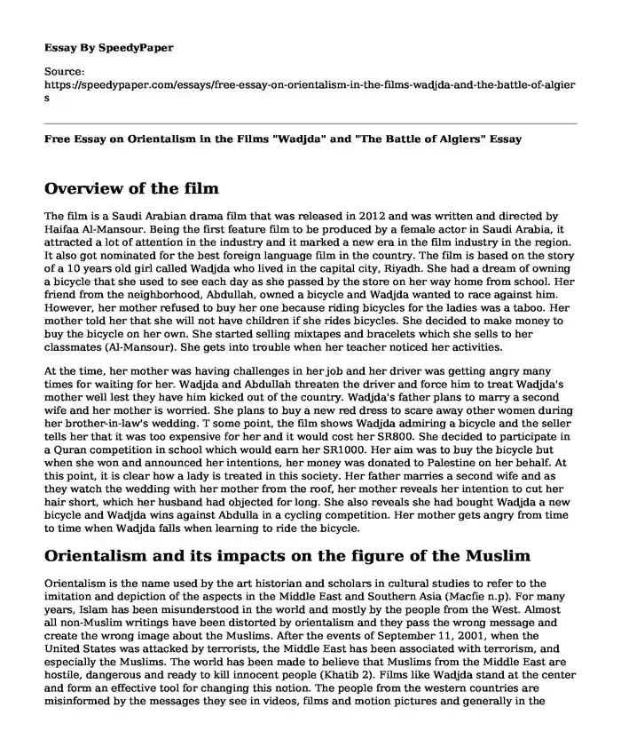 Free Essay on Orientalism in the Films "Wadjda" and "The Battle of Algiers"